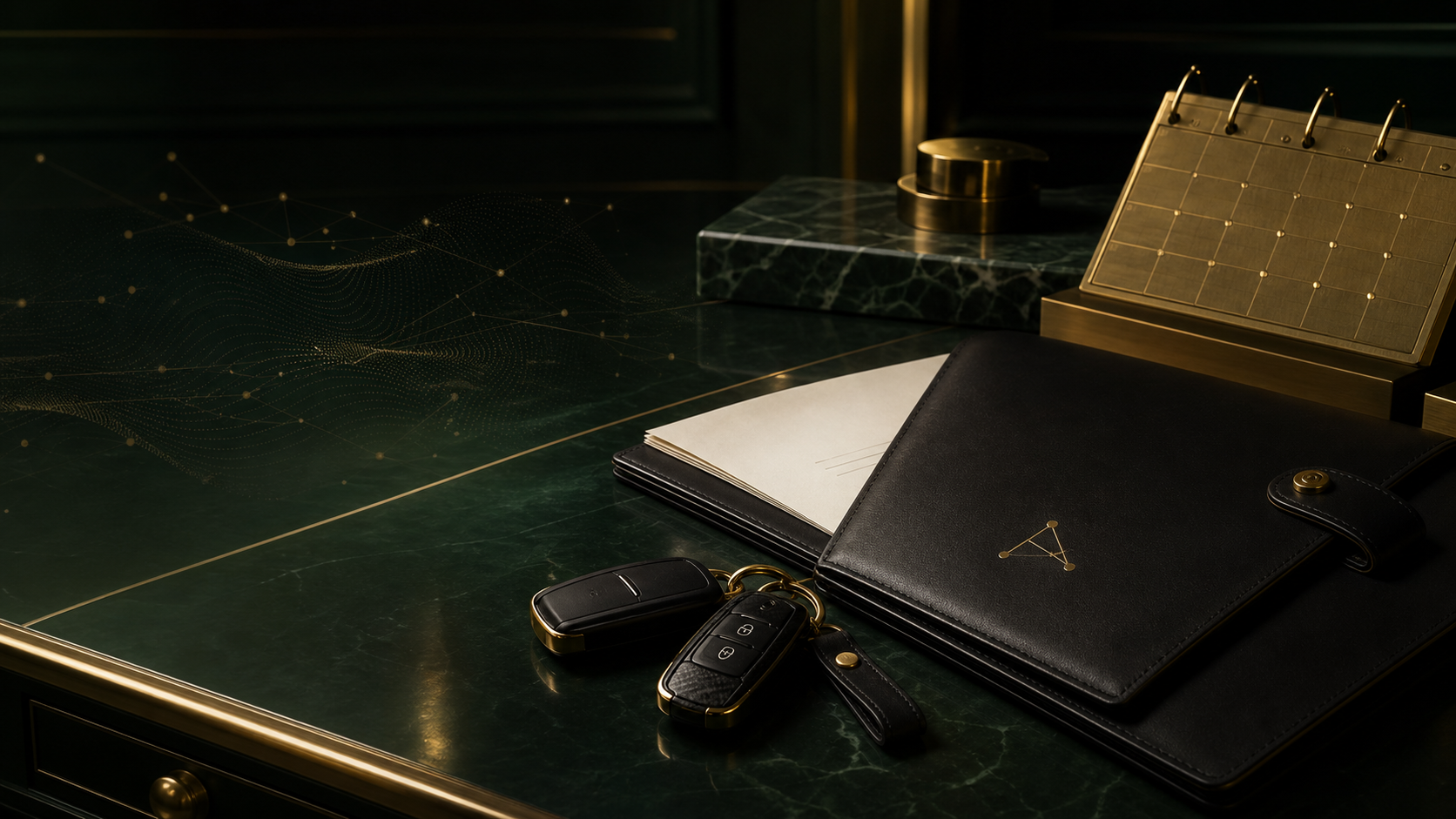 Luxury car rental business desk with vehicle keys, calendar, contract folder, and signal map